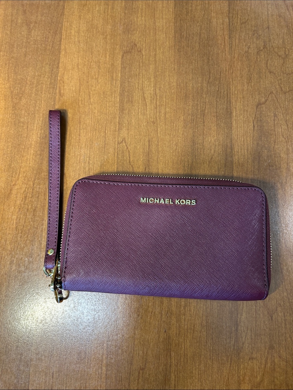 Michael Kors Plum Saffiano Wristlet Wallet with Gold Logo
